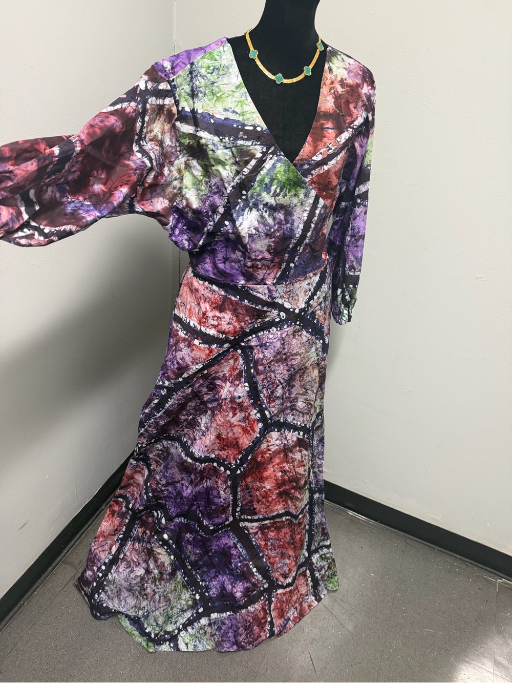 Abstract Multi-Color Wrap Maxi Dress - Purple, Red & Green
